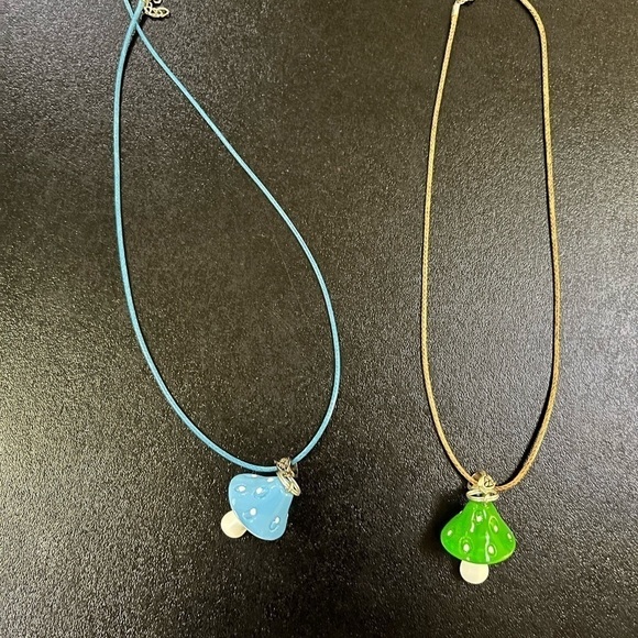 Handmade Mushroom Cottagecore Gardencore Nature two Necklaces Blue Green Trendy - Picture 2 of 6
